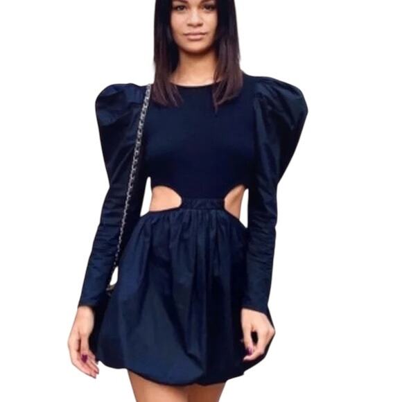 Zara Black Puff Sleeve Side Cut Out Bubble Skirt Mini Dress Size Medium - Picture 1 of 11